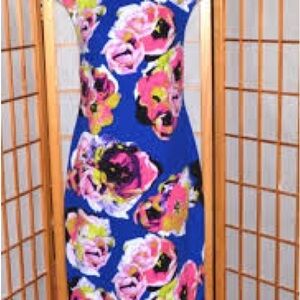 Tahari Bold Blue Maxi Dress with Pink Floral Print
